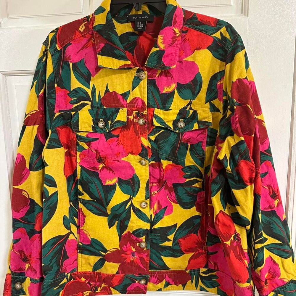 Tahari Womens 1X Floral Linen Blend Jacket Tropical Button Front Multicolor